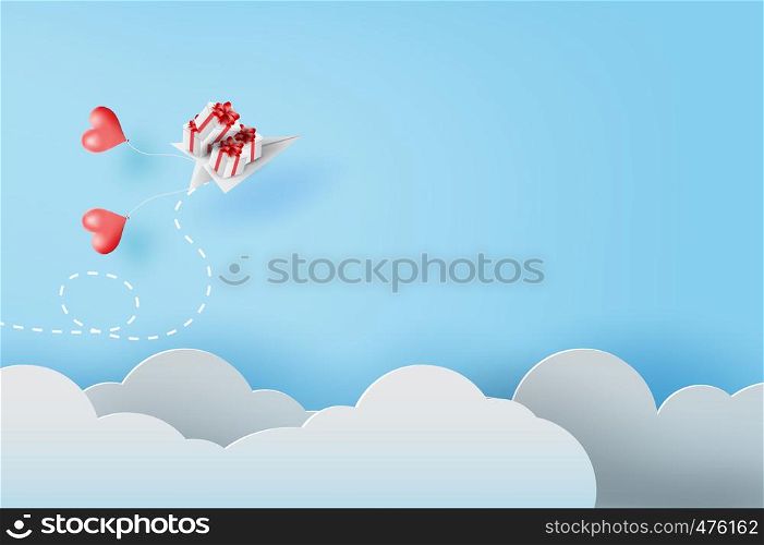 3D Paper art and craft of white paper airplanes with balloon and gift flying on blue sky and clouds, Creative design paper cut business success and leadership concept idea,pastel color,vector.