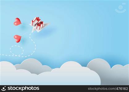 3D Paper art and craft of white paper airplanes with balloon and gift flying on blue sky and clouds, Creative design paper cut business success and leadership concept idea,pastel color,vector.
