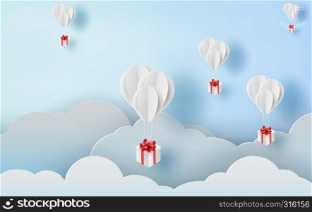 3D paper art and craft style of balloon white floating and Gift Box on in the air blue sky.Your text space background vector.Festival decorations for card concept.Christmas,vector.design.illustration