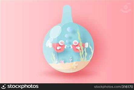 3D paper art and craft style of fishes sweet love Underwater in circle glass aquarium,isolated pastel Use beautiful colors.Aquarium Decoration home tanks freshwater tropical color.vector.illustration