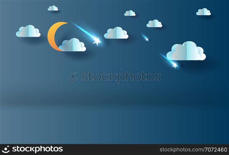3D Paper art and craft style of half moon with cloud and shooting star on sky night your text space background.Goodnight and sweet dream dark shadow.Origami mobile concept,vector.illustration