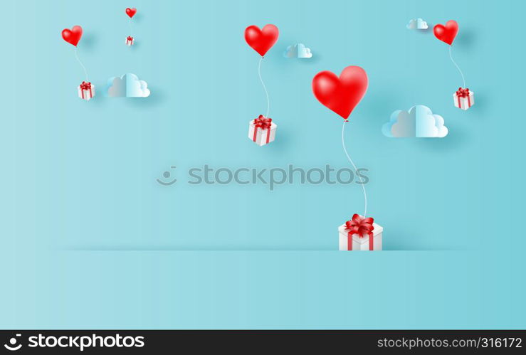 3D Paper art and craft style of red balloons heart gift floating in sky with landscape cloudscape view shadow scene place for your text space in travel holiday concept.Blue color pastel.vector.