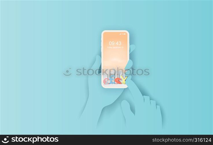 3d paper art and craft style of smartphone with city business finance for Mobile banking online hand concept .Use visual design comfortable blue color pastel background.Payment technology.vector