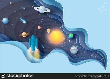 3D Paper art of Abstract curve wave with launch rocket Startup for Solar system circle.Galaxy space exploring with satellite and planets concept on pastel color tone background vector.illustration