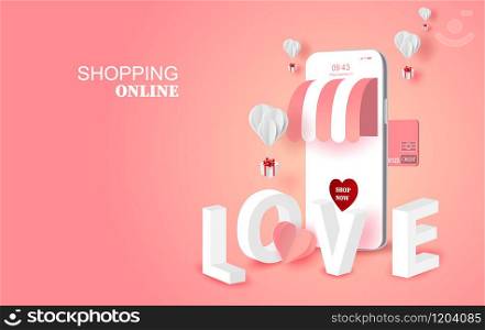 3D Paper art of Air white balloons gift box floating on pink background.Valentine LOVE season concept.Smartphone shopping online for festival holiday. isometric mobile market shop.vector illustration