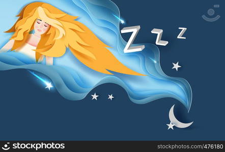 3d paper art of Beautiful girl with long yellow hair wear sweet dream sleeping at night.Paper craft and cut creative design Abstract curve wave blue background.creative design star and moon,vector