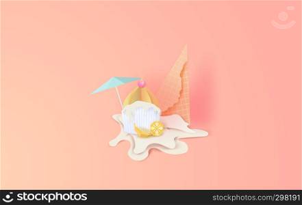 3d paper art of Cute cone white vanilla cup cake and ice cream fall to ground. Cherries and lemon melting on color pastel background.graphic design vector and illustration summer season concept.