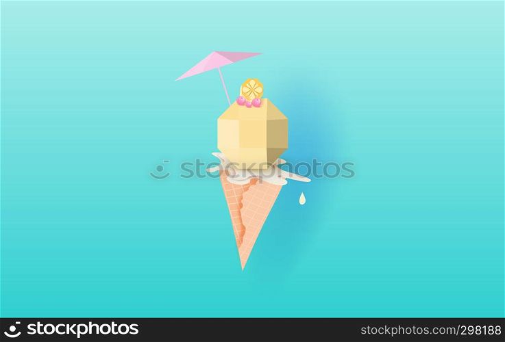 3D Paper art of Ice cream with cherry and lemon on the top vanilla cone melting on blue background.Vanilla Cream Melted in Wafer Background .Colorful pop of card or poster.summer season vector