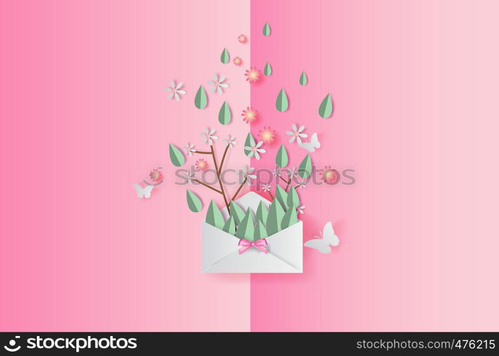 3D Paper art of illustration Spring leaf and flower decoration on placed text background, Paper cut and craft springtime style pastel color,Design by paper letters or envelope concept,sweet,vector.