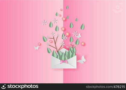 3D Paper art of illustration Spring leaf and flower decoration on placed text background, Paper cut and craft springtime style pastel color,Design by paper letters or envelope concept,sweet,vector.
