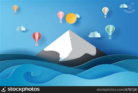 3D paper art of illustration summer season balloons colorful floating on sky, Landscape snowy mountain sea view scene,Creative design Paper cut idea summer time concept,pastel color background vector