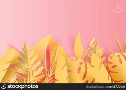 3D Paper art of illustration Summer season Tropical leaf palm decoration on placed text space background, Paper cut origami style exotic pastel,Summertime creative idea colorful for card,vector.