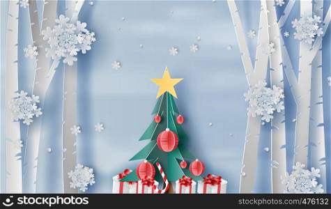 3D paper art of illustration winter season landscape snow fall in forest,Merry Christmas and happy new year in winter time for gift box and Christmas tree,creative design paper cut pastel color,vector