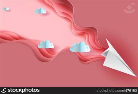 3d paper art of paper air plane on air cloudscape.Blue abstract paper wave layer cut background.Creative Paper craft style of cover design idea for festival and holiday banner template design.vector.