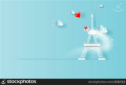 3D Paper art of red balloons heart gift floating in sky with landscape cloudscape view shadow. Scene place for your text space in Eiffel tower Paris travel holiday concept. Blue color pastel.vector.