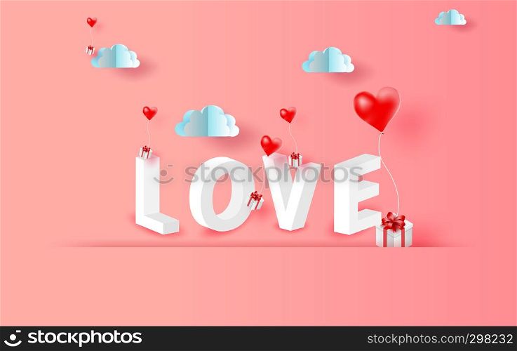 3D Paper art of red balloons heart gift floating with landscape horizontal view scene place for your love text space pink color pastel background.Valentine's day concept.vector for greeting card