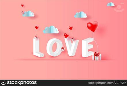 3D Paper art of red balloons heart gift floating with landscape horizontal view scene place for your love text space pink color pastel background.Valentine's day concept.vector for greeting card