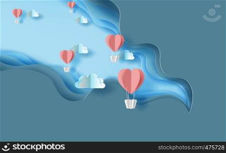 3d paper art of red heart balloons air fly on sky .Blue abstract paper wave layer cut background.Creative Paper craft style of cover design idea for festival and holiday banner template design.vector.