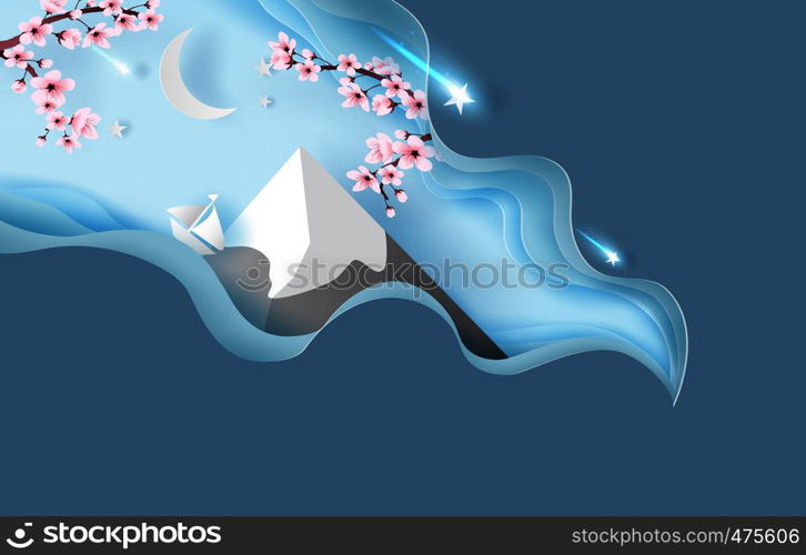 3d paper art of springtime abstract curve Landscape of Mountain Fuji.Cherry blossom spring season night.Half moon and star fall light beautiful.blue color pastel,Creative design spring concept.vector