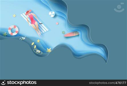 3d paper art of top view women in summer beach with abstract curve wave layer blue background.Paper craft summertime top view concept.Creative design summer season for pastel color background.vector