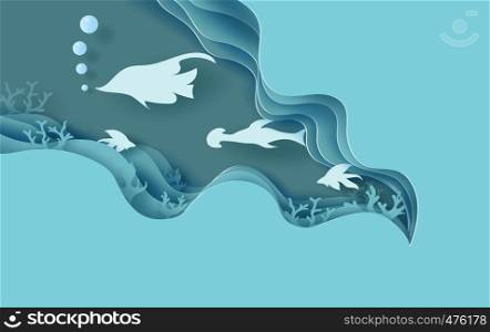 3d paper art of under water Clear sea water with abstract curve blue background.Creative design idea wildlife Funny happy fish under sea for pastel color.Paper craft,cut style illustration.vector