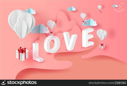 3D Paper art of white balloons gift floating with Mountains and rivers landscape view scene place for your love text space pink color pastel background.Valentine's day concept.vector for greeting card