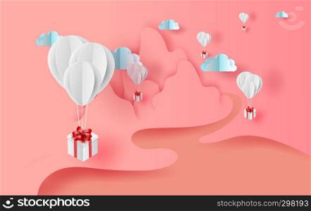 3D Paper art of white balloons gift floating with nature landscape view scene place for your text space sweet pink color pastel background.Valentine's day concept.elements vector for greeting card.