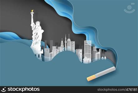 3d paper craft and art of cigarette with cityscape concept.Abstract curve wave blue background,Cityscape in new york usa. Creative design smoking idea pastel color simple.paper cut.illustration.vector