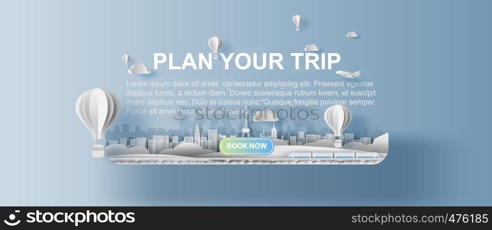 3D Paper craft and cut of Panorama Traveling holiday vacation landmarks Eiffel tower Paris city France,Creative Travel holiday time smartphone booking plan trip concept,paper art.illustration.vector.