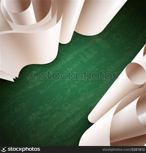 3d Paper Roll Background. 3d blank paper rolls on green background with notes and formulas realistic vector illustration