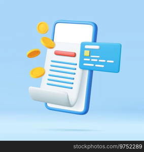 3d pay money with mobile phone banking billing concept. Bill on smartphone transaction with credit card. financial security for online shopping, online payment. 3D Rendering. Vector illustration. 3D bill payment
