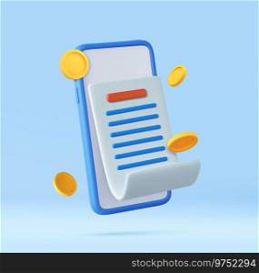3d pay money with mobile phone banking billing concept. financial security for online shopping, online payment. 3D Rendering. Vector illustration. 3D bill payment