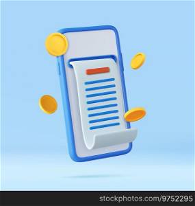 3d pay money with mobile phone banking billing concept. financial security for online shopping, online payment. 3D Rendering. Vector illustration. 3D bill payment