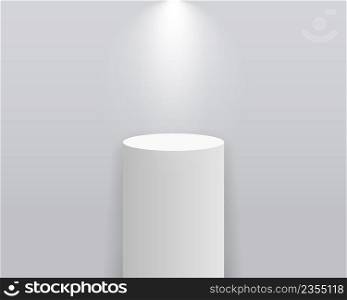 3d pedestal podium. White mockup of stand with light for product. Round column for or showroom, exposition and exhibition. Museum stage. Pillar with platform with spotlight. Vector.