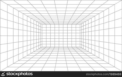 3d perspective line grid, wireframe room background. Futuristic cyber box room. Cyber, virtual surface. Network technology. Data digital visualization construction vector illustration. 3d perspective line grid, wireframe room background. Futuristic cyber box room. Cyber, virtual surface