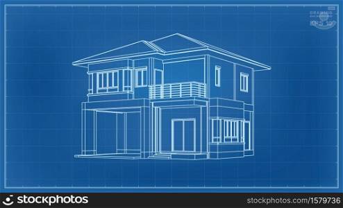 3D perspective wireframe of house exterior. Vector illustration.