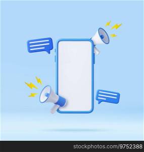 3d Phone screen and loudspeaker with speech bubble, megaphone with lightning, advertising and notification. Mock up display copy space. 3d rendering. Vector illustration. 3d Phone screen and loudspeaker