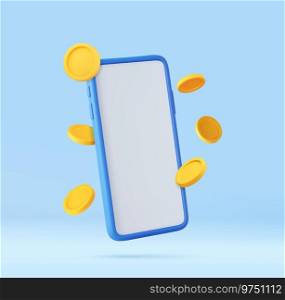 3d Phone with a white screen around which gold coins fly, online shopping. Winner concept. Mobile Online Payment and Transfer. Finance, Investment, Money Saving. 3d rendering. Vector illustration. 3d Phone with a white screen