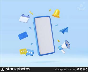 3d Phone with business management app. Online news and work. Business marketing concept. Smartphone with megaphone, bell and message. 3d rendering. Vector illustration. 3d Phone with business management app.