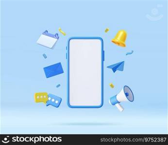 3d Phone with business management app. Online news and work. Business marketing concept. Smartphone with megaphone, bell and message. 3d rendering. Vector illustration. 3d Phone with business management app.