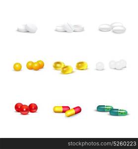 3D Pills Set. 3D set of pills and capsules of various shapes and colors on white background isolated vector illustration