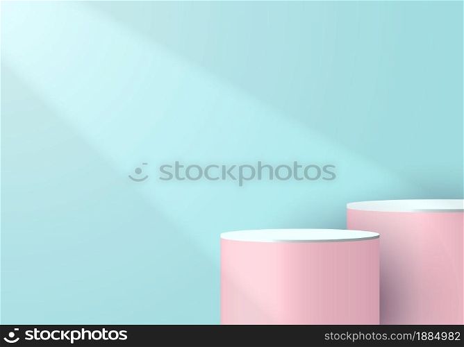 3D pink and white cylinder pedestal in soft blue empty room with light and shadow background. You can use for products display presentation, cosmetic, Studio room, etc. Vector illustration