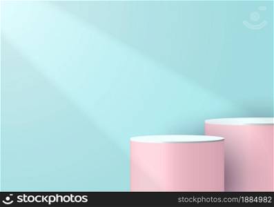 3D pink and white cylinder pedestal in soft blue empty room with light and shadow background. You can use for products display presentation, cosmetic, Studio room, etc. Vector illustration