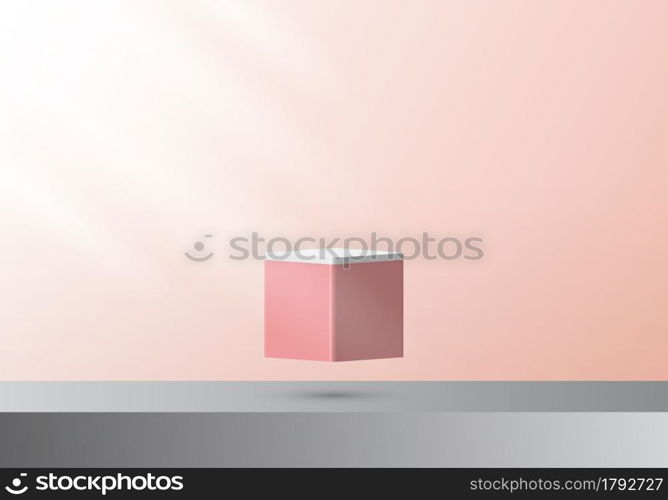 3D pink color cube pedestal floating on air with light minimal wall scene. You can use for product display presentation, mockup, retail showroom, etc. Vector illustration