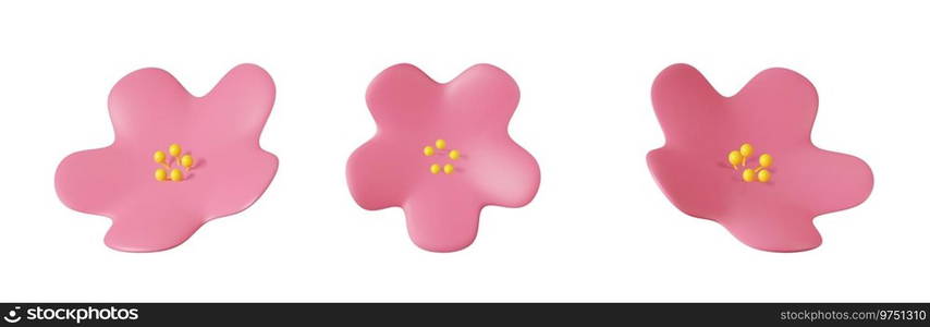 3D pink flowers with pink petals and yellow center. Nature elements isolated on white background. 3d rendering. Vector illustration. 3D pink flowers with pink petals and yellow center