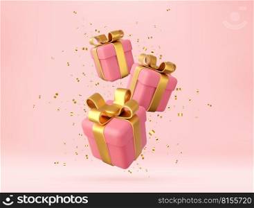 3d pink gift boxes with golden ribbon and bow and gold sequins confetti. Birthday celebration concept. Merry New Year and Merry Christmas gift boxes with golden bows. 3d rendering. Vector illustration. 3d white gift boxes
