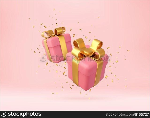 3d pink gift boxes with golden ribbon and bow and gold sequins confetti. Birthday celebration concept. Merry New Year and Merry Christmas gift boxes with golden bows. 3d rendering. Vector illustration. 3d white gift boxes
