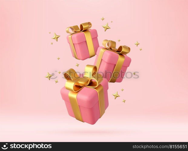 3d pink gift boxes with golden ribbon and bow. Birthday celebration concept. Merry New Year and Merry Christmas pink gift boxes with golden bows. 3d rendering. Vector illustration. 3d white gift boxes