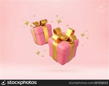 3d pink gift boxes with golden ribbon and bow. Birthday celebration concept. Merry New Year and Merry Christmas 2023 pink gift boxes with golden bows. 3d rendering. Vector illustration. 3d white gift boxes