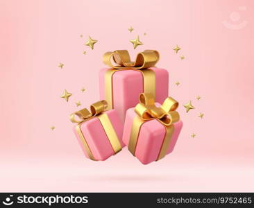 3d pink gift boxes with golden ribbon and bow. Birthday celebration concept. Merry New Year and Merry Christmas pink gift boxes with golden bows. 3d rendering. Vector illustration. 3d white gift boxes